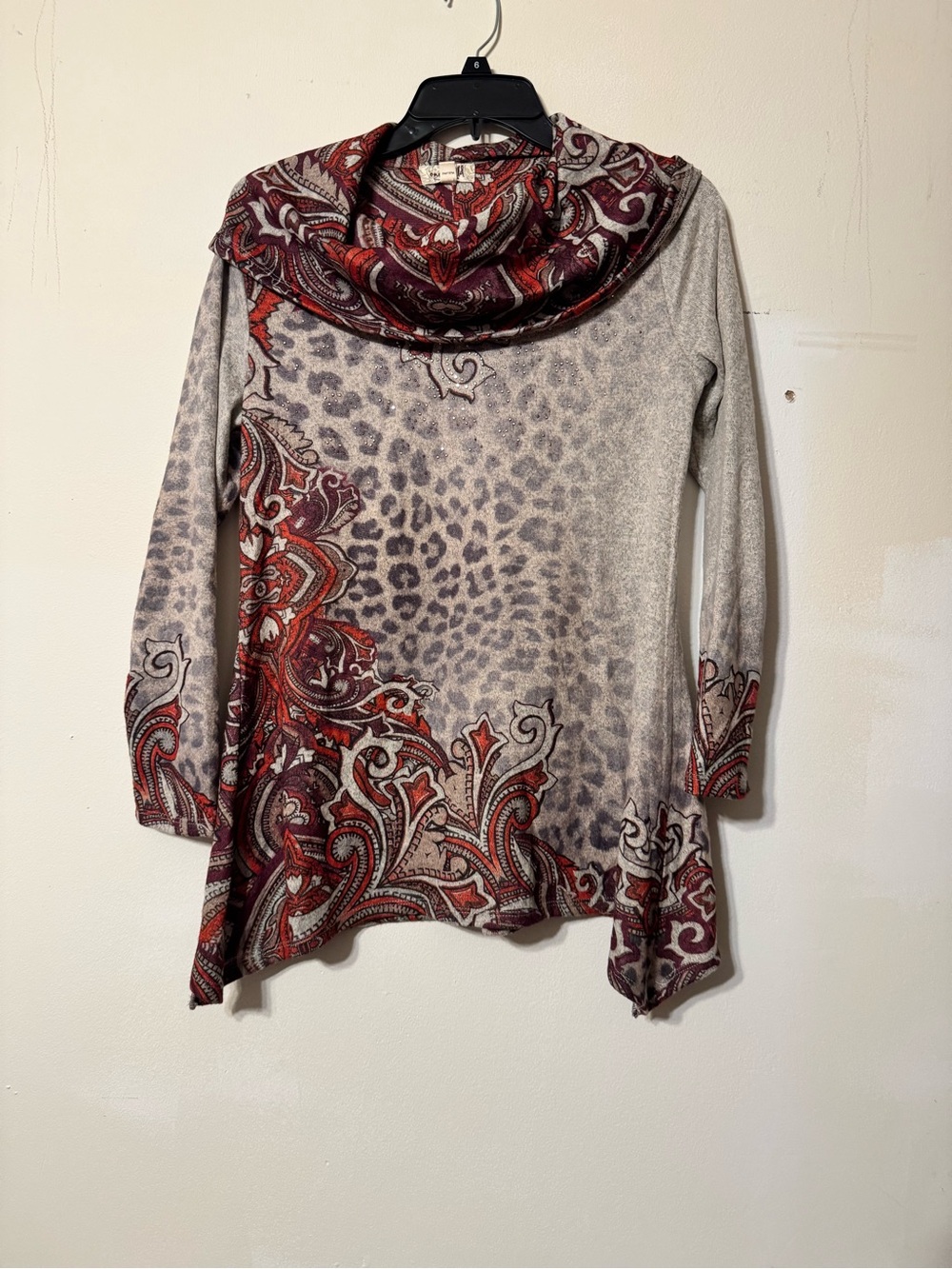 Paisley & Leopard Print Cowl Neck Women's Sweater Tunic - Red, Gray
